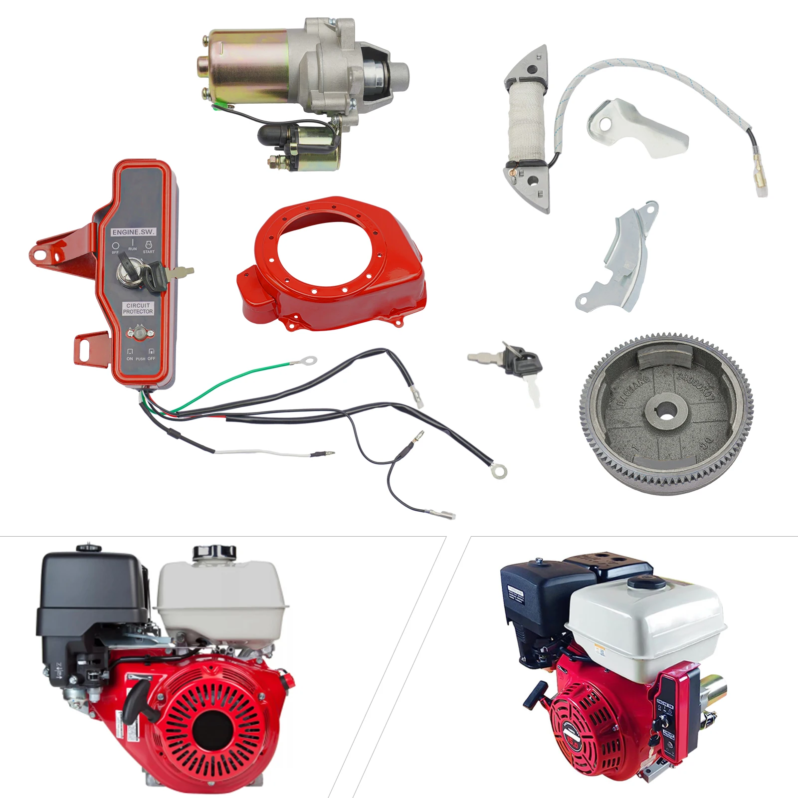 12V Elektrostarter-Schwungrad-Kit für Honda GX160 GX200 Motor, Kompletter Anlasser mit Zündschalterkasten, rostbeständige Metallteile für DIY-Motormodifikationen