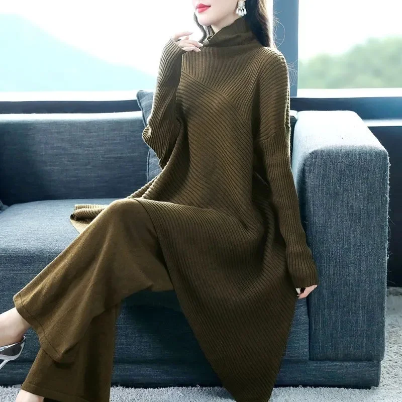 2024New Autumn Winter High-grade Long-Sleeved Knitted French Retro Sweater Two-Piece High-Necked Striped Wide-Leg Pants Set Lady