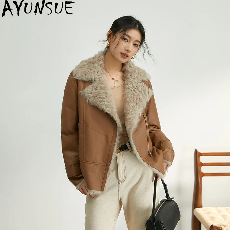 سترة من الجلد الطبيعي للنساء من AYUNSUE معاطف من فرو من جلد الغنم الطبيعي ملابس شتوية دافئة من صوف الضأن للسيدات موضة 2025 شُبانا Жenskয়া