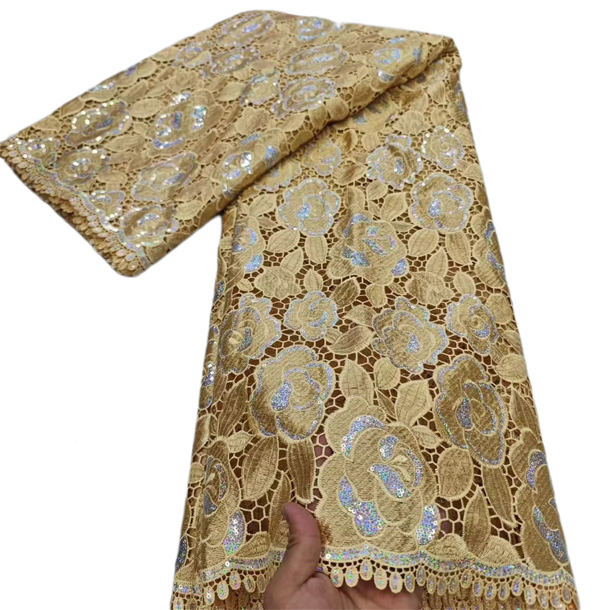 

Gold Pinholes African Guipure Cord Lace Fabric High Quality Nigerian Sequins Water Soluble Lace For Sewing Women Evening Dresses
