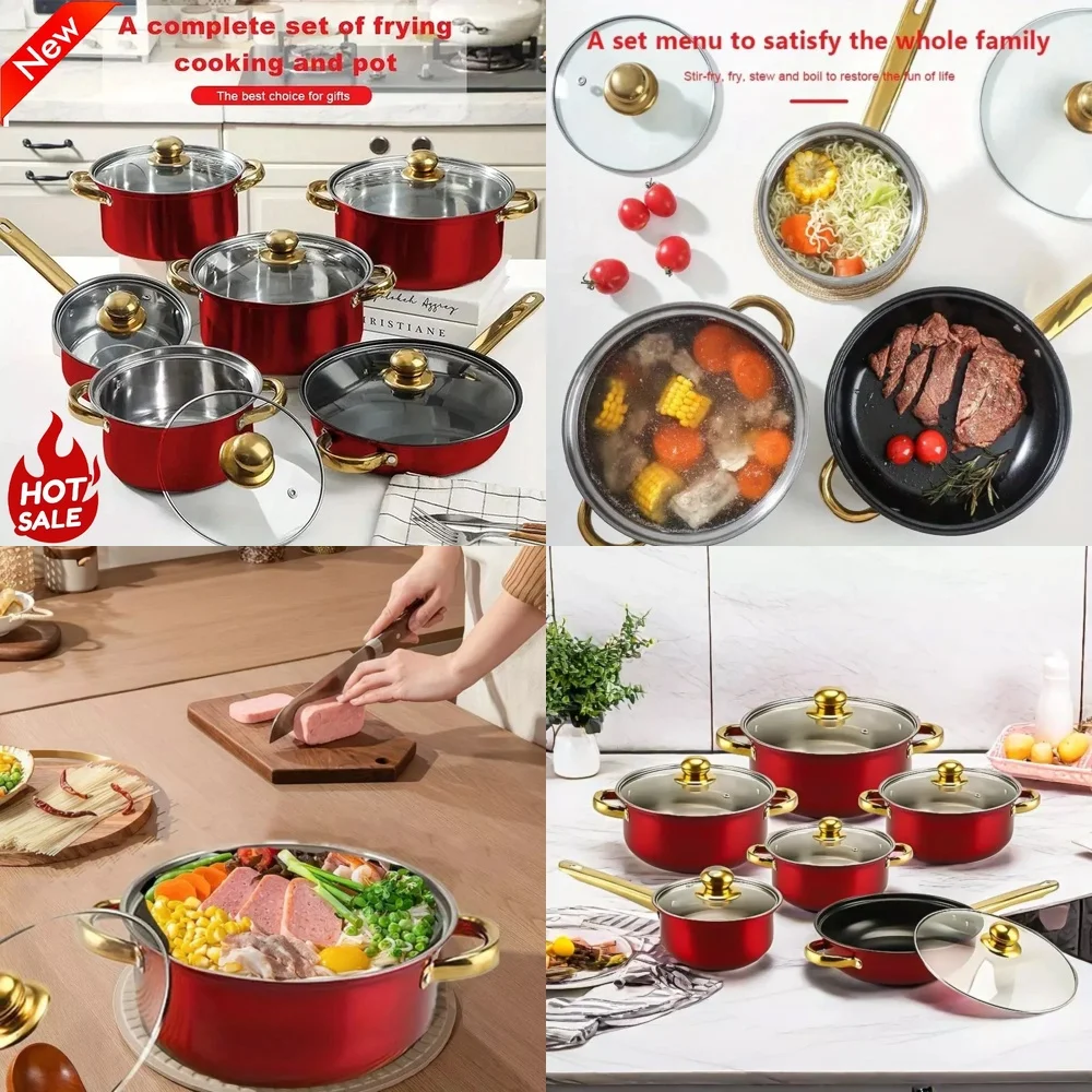 

Наборы кухонной посуды, набор посуды с антипригарным покрытием из 12 предметов для домашней кухни, красные кастрюли и сковородки, коллекция приготовления пищи