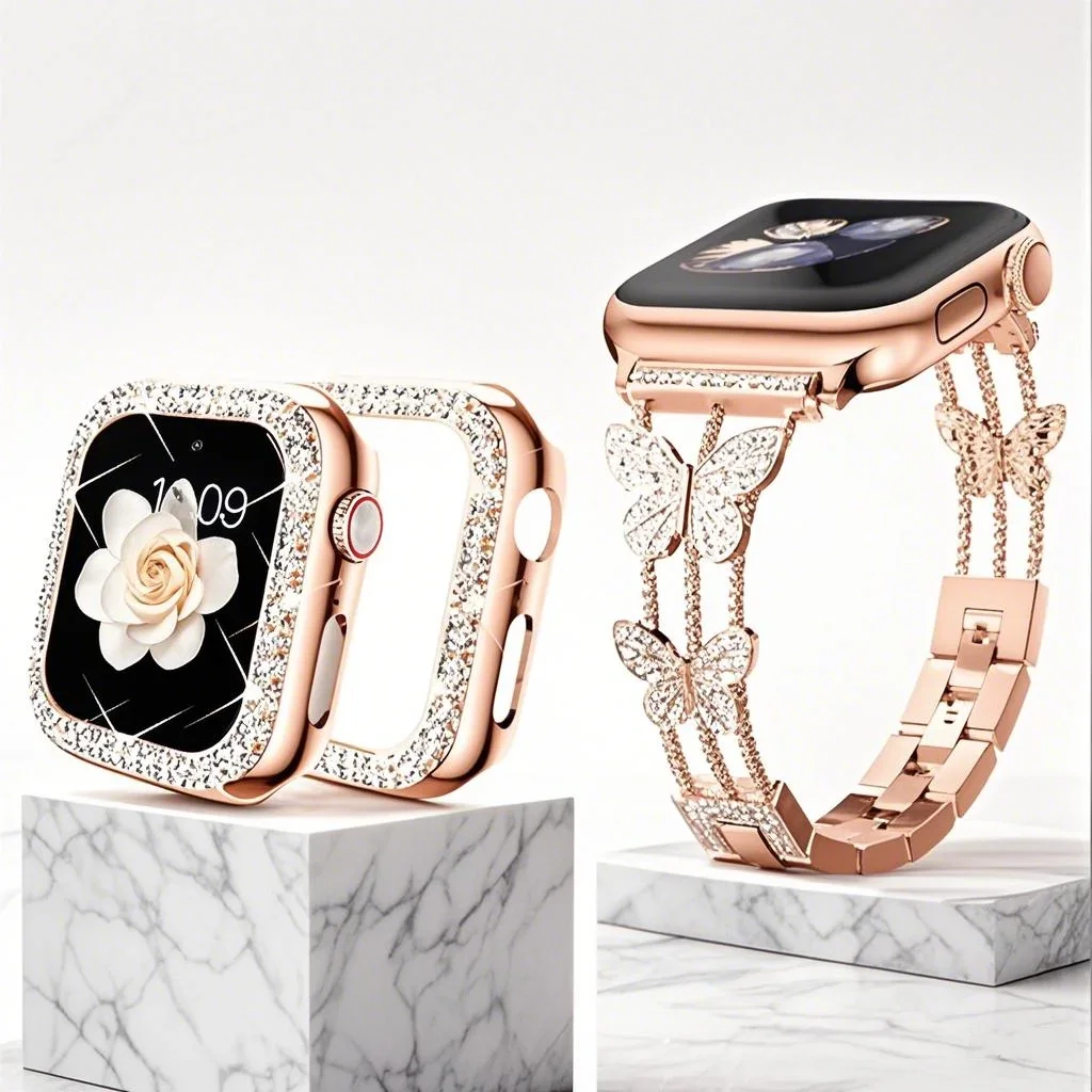 

Diamond Bling Cover for Apple Watch Case 41mm 40mm 45mm 44mm Band Stainless Steel Bracelet iWatch Series 9 8 7 se 6 5 4 Strap