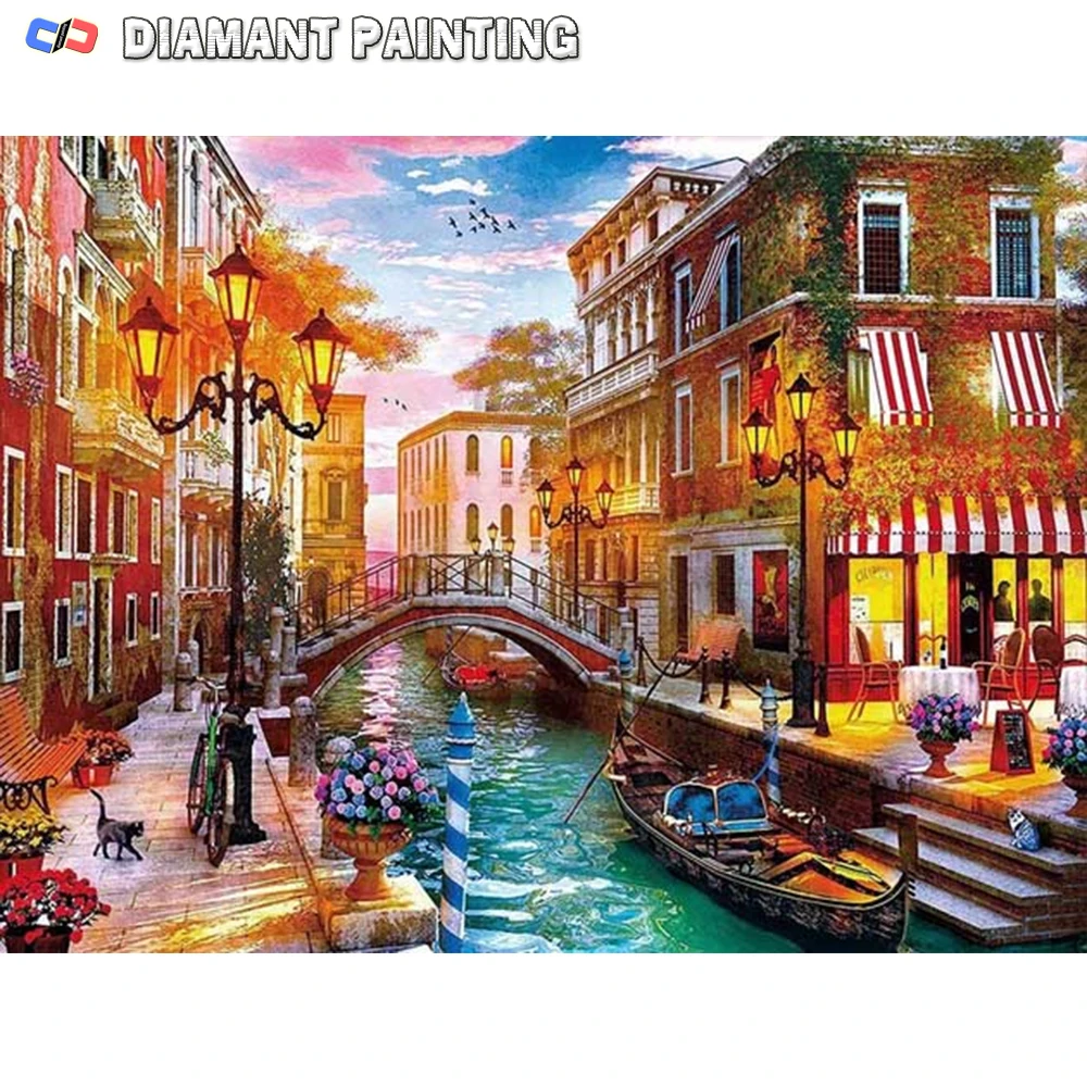 5D DIY City Diamond Painting Venice Bridge New Arrival Embroidery Boat House Full Dill Diamond Mosaic Scenery Street Wall Art