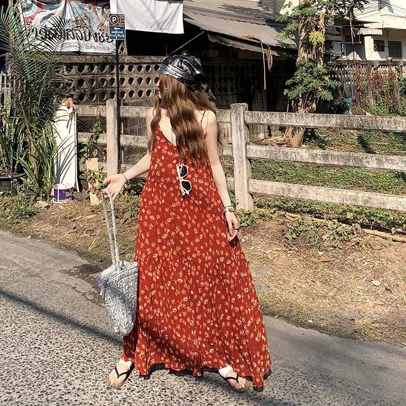 

Travel Bohemian Loose Long Dress Women's Printed Wrap Dress Photography Desert Red Floral Print Maxi Dress Summer V-neck Dress
