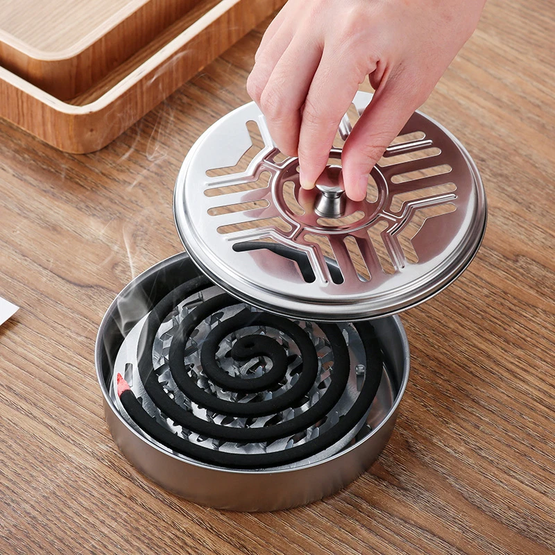 Mosquito Coils Holder Stainless Steel Mosquito Coil Box with Cover Round Mosquito Coil Tray Easy To Clean Anti-Mosquito Supplies