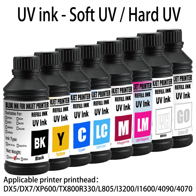 UV Ink 500ML LED UV Ink For Epson DX4 DX5 DX6 DX7 DX10 TX800 XP600 L800 L805 L1800 R290 R330 UV Printer Hard INK Soft Ink
