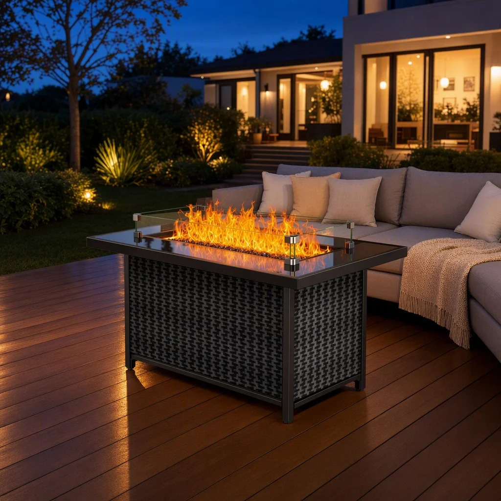 60,000 BTU Rectangular Propane Fire Pit Table 43 Inch, 2‑in‑1 Tempered Glass Top Outdoor Gas Firepit with Blue Fire Glass Rocks, Wind Guard & Lid, CSA‑Certified for Patio Garden
