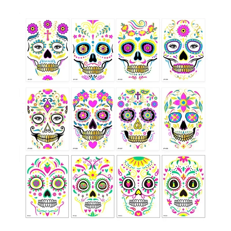 Hot Stamping Powder Halloween Tattoo Sticker Funny Undead Fluorescent Face Stickers Neon Temporary Waterproof Tattoos Sticker