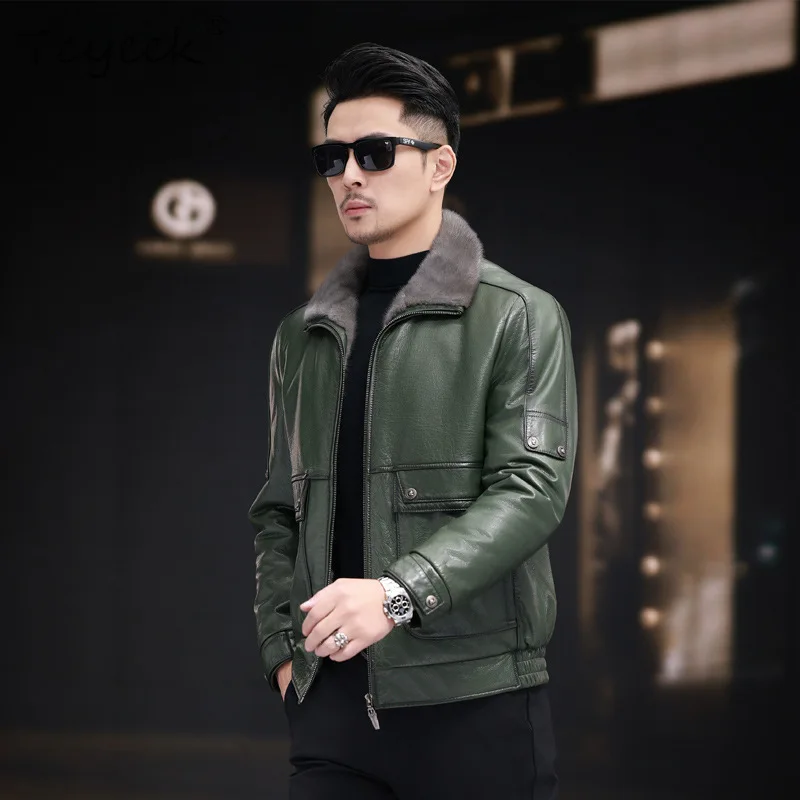 Tcyeek طبقة علوية من جلد البقر سترة جلدية أصلية معطف فرو منك حقيقي ملابس شتوية للرجال معاطف رجالية غير رسمية للأعمال