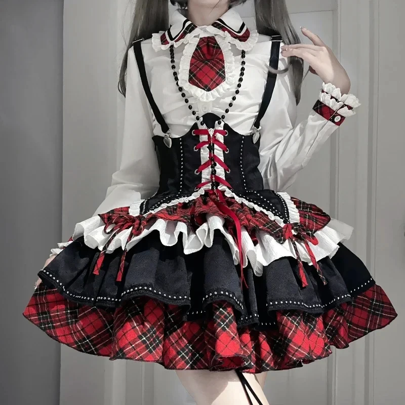 

Victorian Gothic Lolita Waist Dress Set Women Punk Style Y2k Plaid Tie Bandage Princess Dress Harajuku Fashion Evening Dress