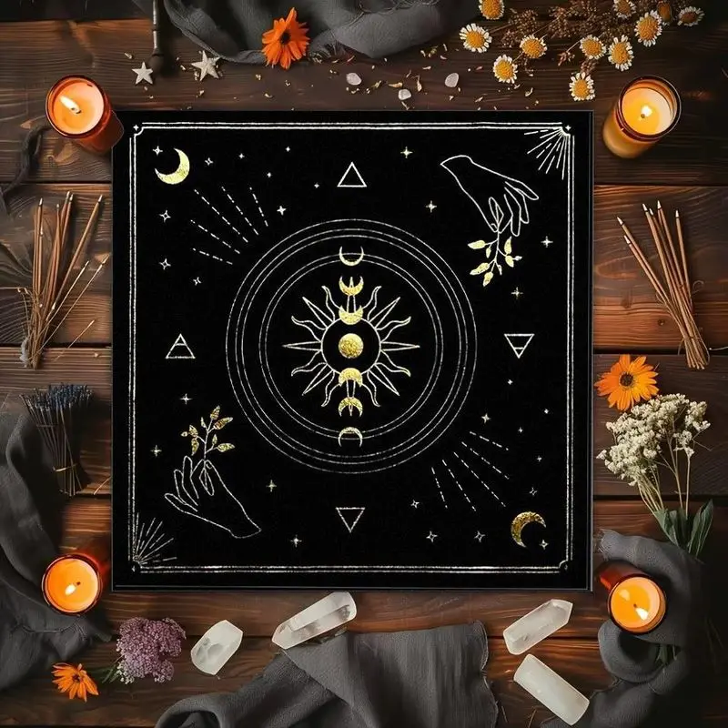 VIKAMA Star Moon Rose Tarot Card Tablecloth Mystical Divination Altar Cloth for Spiritual Room Decor Pagan Wiccan Decor