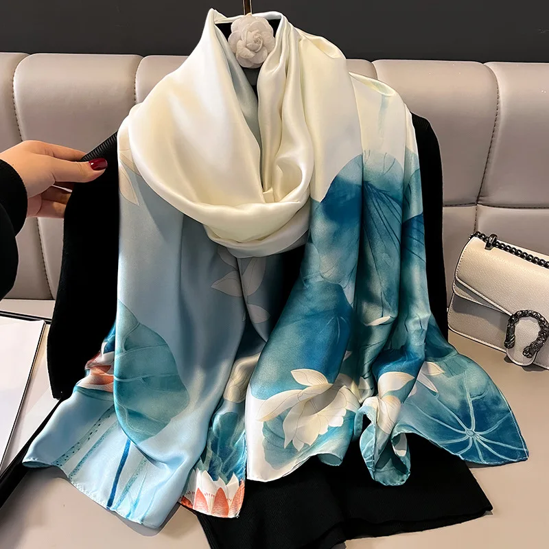 Silk Scarf Women Shawls Female Fashion Flowers For Traveling Sun Protect Sunscreen Beach Scarves Air Conditioning Wraps Luxury