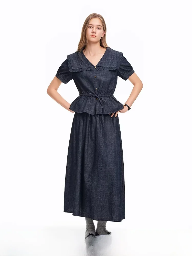 

Модный женский комплект из денима с кружевными вставками, лето 2026: юбка с высокой талией и рубашка с рукавами-фонариками из смесового хлопка