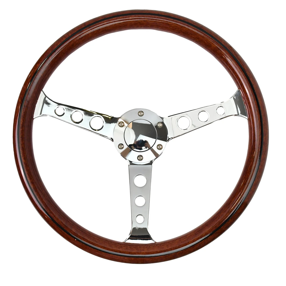 

15 Inch Retro Copy Wood Universal Steering Wheel Silver 3 Spokes Racing Sport Steering Wheel with 5mm Round Hole Bracket