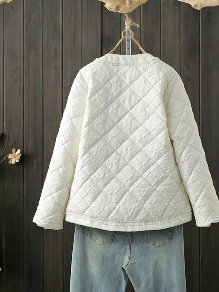 Lekka, cienka damska kurtka bawełniana z diamentową siateczką, krótki okrągły dekolt, jesienno-zimowa modna damska kurtka, ciepła kurtka damska z bawełnianą podszewką.