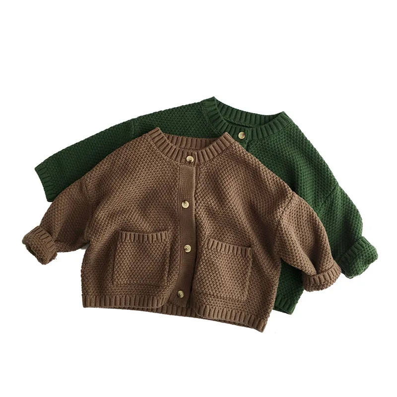 Autumn New Children Long Sleeve Sweater Coat Baby Boys Girls Solid Casual Knitwear Kids Versatile Knitted Cardigan Pocket Jacket