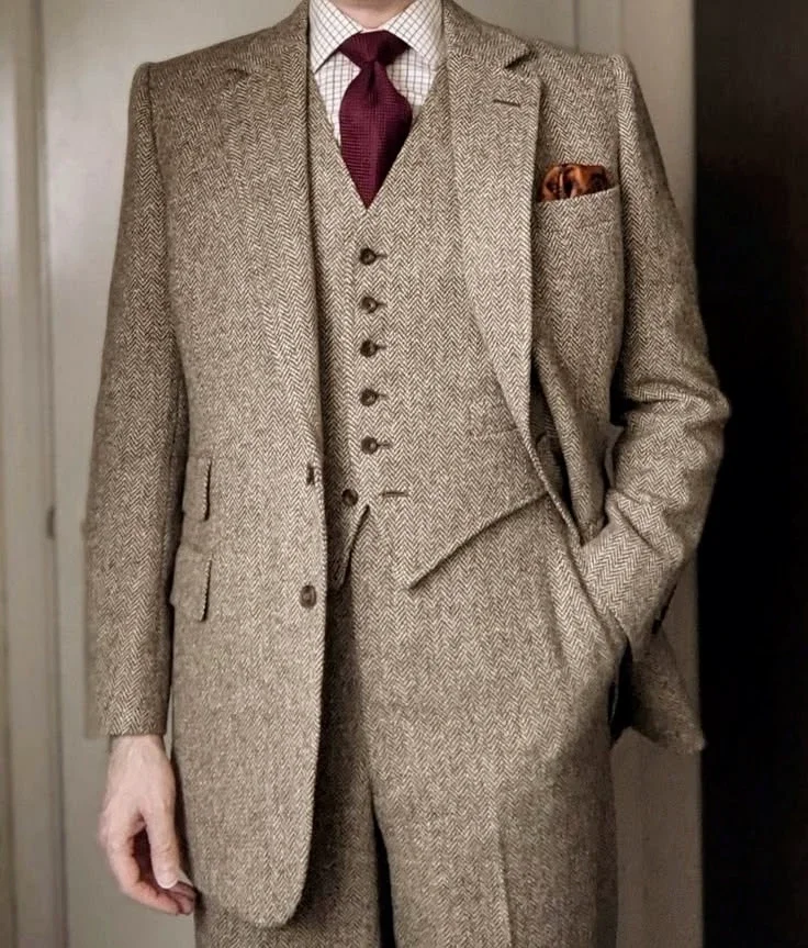 Men Herringbone Tweed 3 Piece Suit Notch Lapel Vintage Wedding Groom Blazer Vest Pants Set Formal Business Outdoor Customized