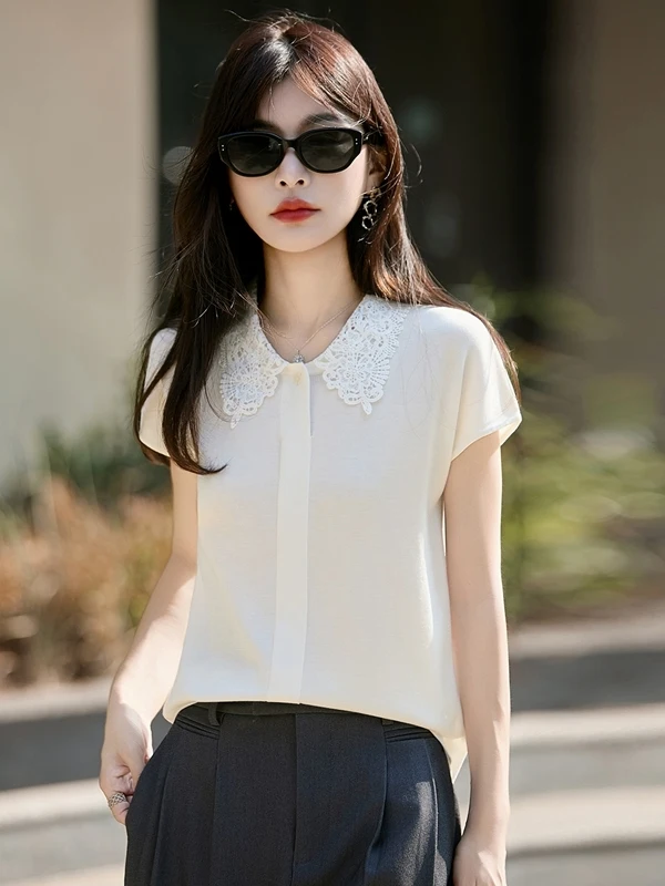 Elegant Hollow out Lace Silk Women's Shirt Sleeveless Neck Vest French Style Loose Fit Summer Knitted Sweater
