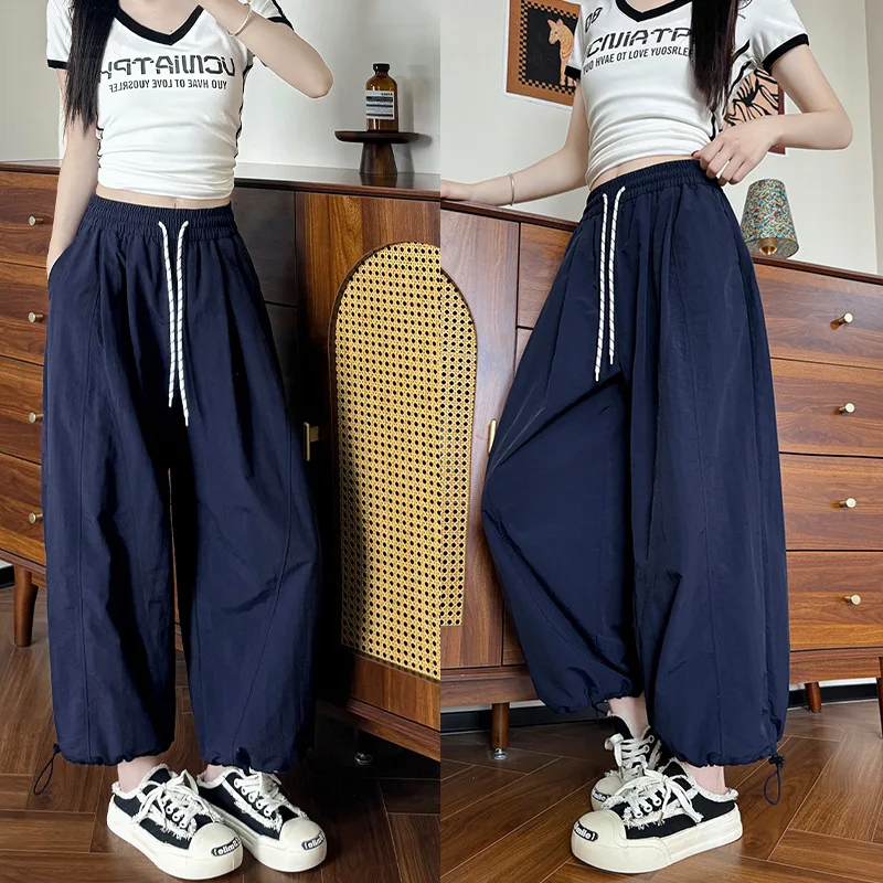 

Быстросохнущие спортивные брюки Taslan Ice Silk для женщин, летние тонкие брюки-фонарики с высокой талией и девятью точками, повседневные широкие спортивные штаны