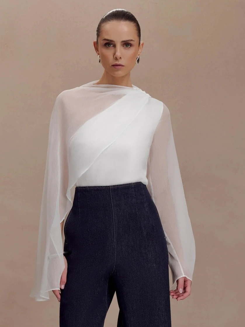 Sexy Mesh-Patchwork Asymmetrische Schal-Bluse in Weiß 2026 Mode O-Ausschnitt Reißverschluss Langarm T-Shirt Büro-Dame Schicke Oberteile Bluse