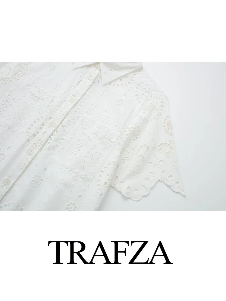 TRAFZA Women's Summer Casual Shirts White Turn-Down Collar Short Sleeves Pockets Single Breasted Women New Fashion Slim Blouse