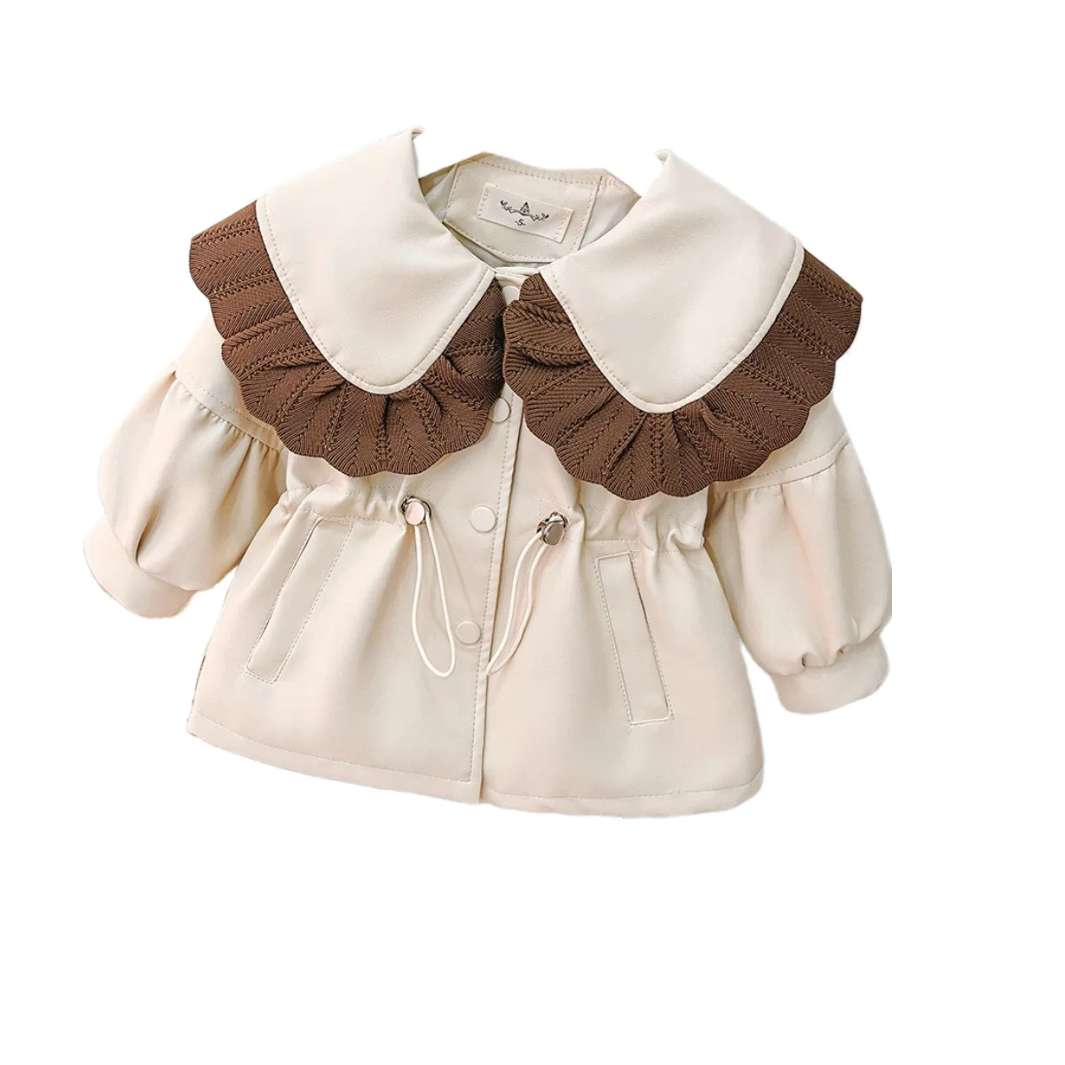 1-4T Baby\'s Solid PU Leather Jacket Baby Girls 2024 New Lace Edge Big Doll Collar Single Breasted Coat Drawstring Outerwear