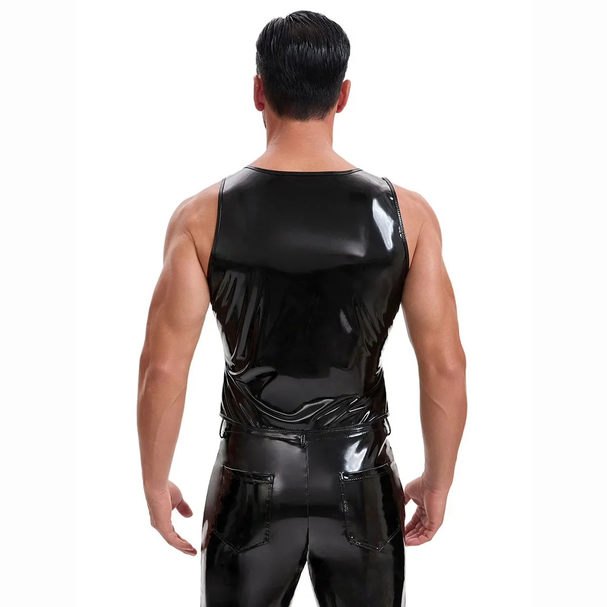 Neues Wet-Look PVC Einreihiges Tanktop, Glänzende PU-Lederweste, Weskit Tights, Motorrad-Punk-Weste, Ärmellose Hemden, Oberteile – Detail 4