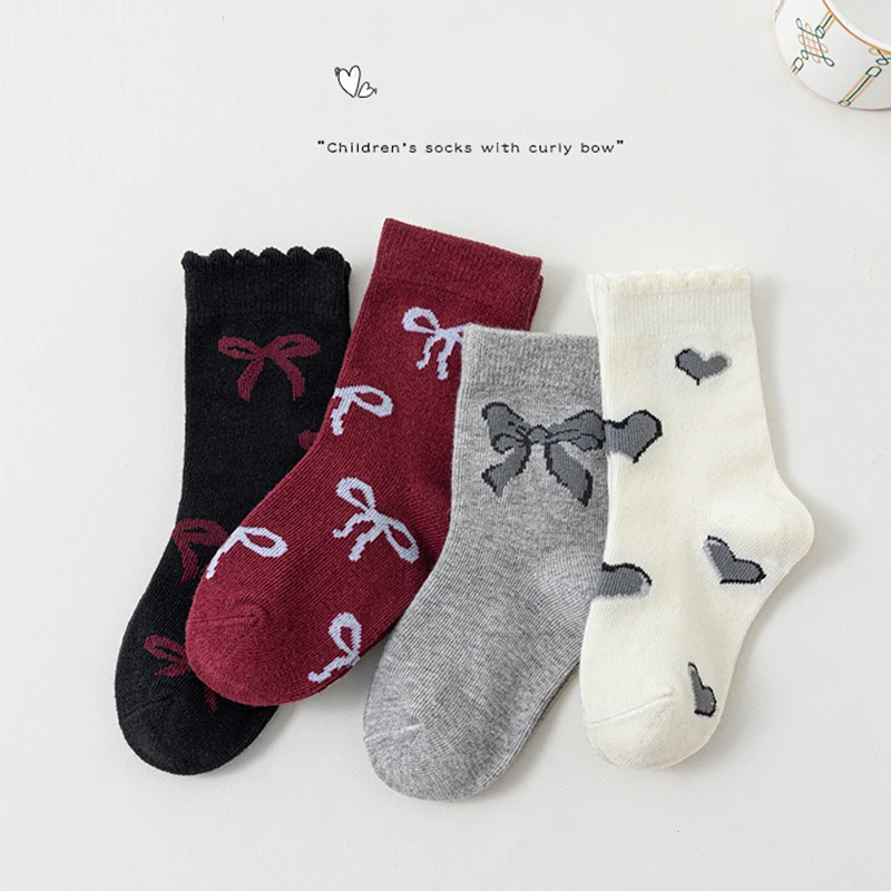 

4 Pairs Bows Heart Pattern Kids Girls Mid-calf Socks Trendy Cotton Solid Cute Comfortable Skin-friendy Soft Socks for Children