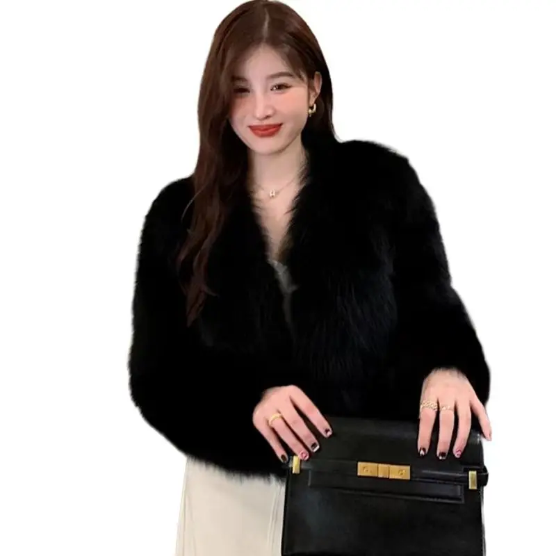 Faux Fox Fur Coat for Women,Korean Short Jackets, Thicken Overcoat, Casual,V-Neck, Female Clothes, New, Winter