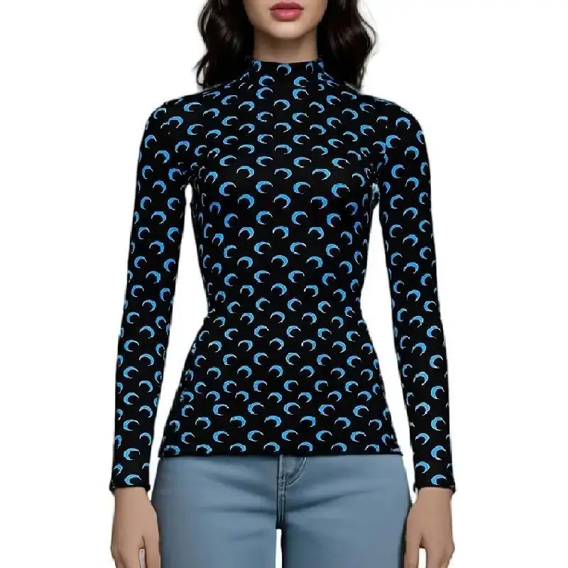 

Moon Shirt Women Long Sleeve Top Korean Retro Autumn Fashion Sexy High Neck Ice Silk Streetwear Printed Layering
