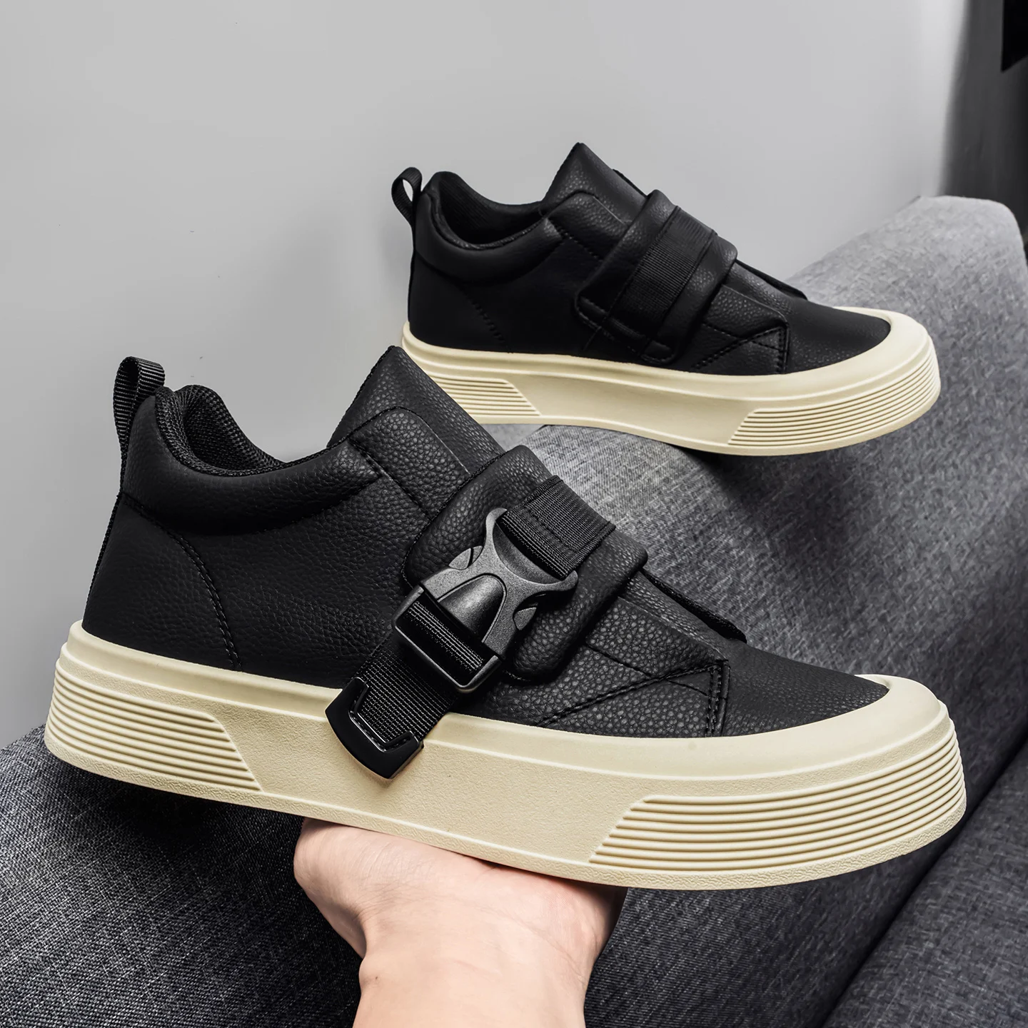 Trend Thick-Soled Heightening Sports Shoes Men 2026 Spring New Hook & Loop Casual Board Shoes Fashion Versatile Sneakers For Men