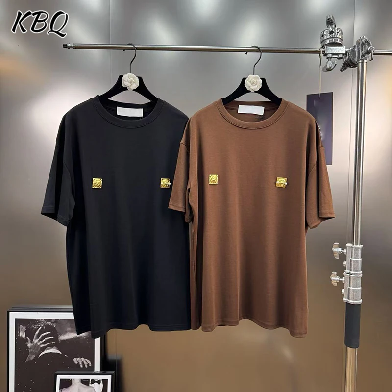 

KBQ Solid Spliced Metal Loose Casual T Shirts for Women Round Neck Short Sleeve Minimalist Chic Tops Female Fashion Autumn New