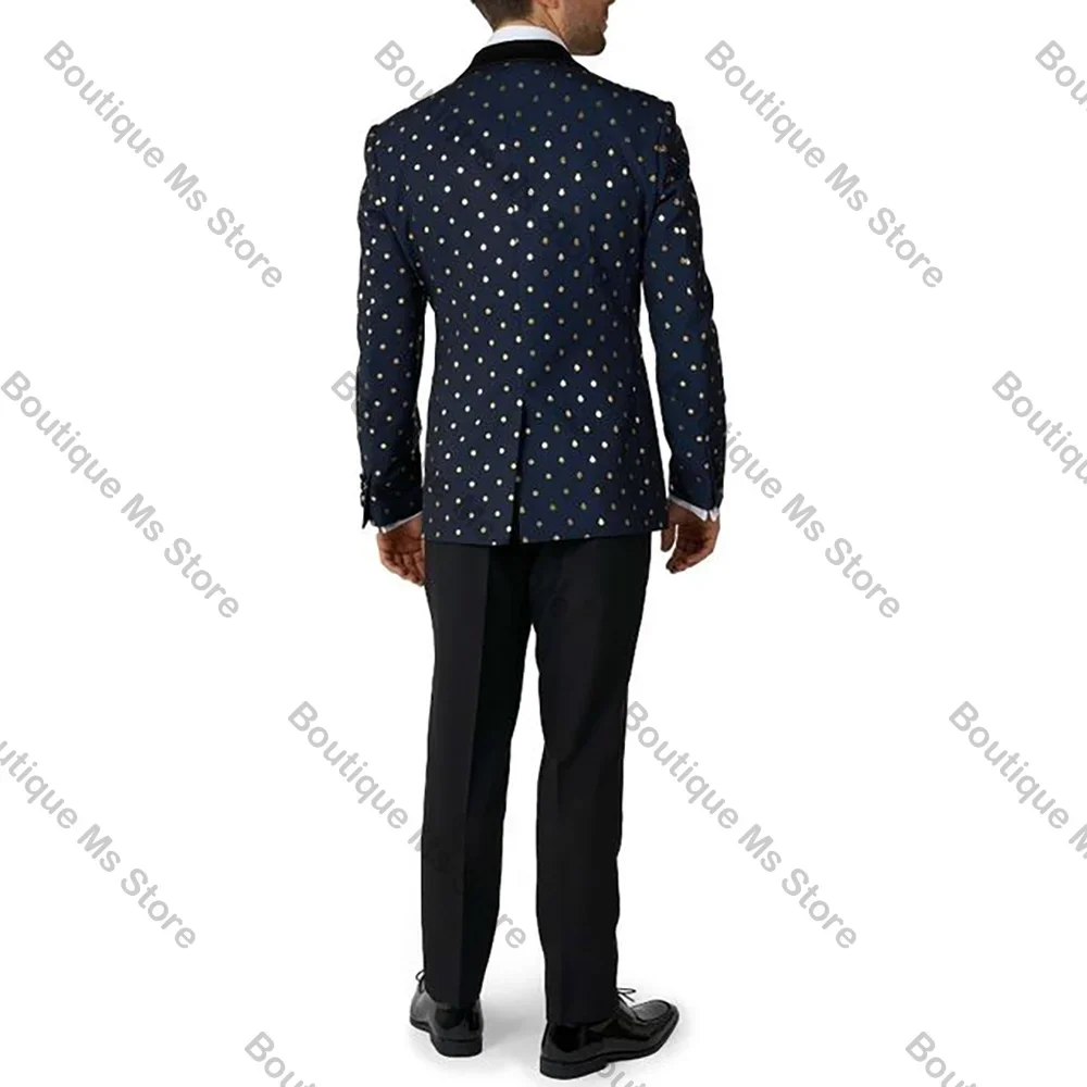 세련된 뜨거운 판매 싱글 브레스트 남성 정장 골드 도트 두 조각 (자켓 + 바지) 의상 캐주얼 파티 댄스 파티 웨딩 세트