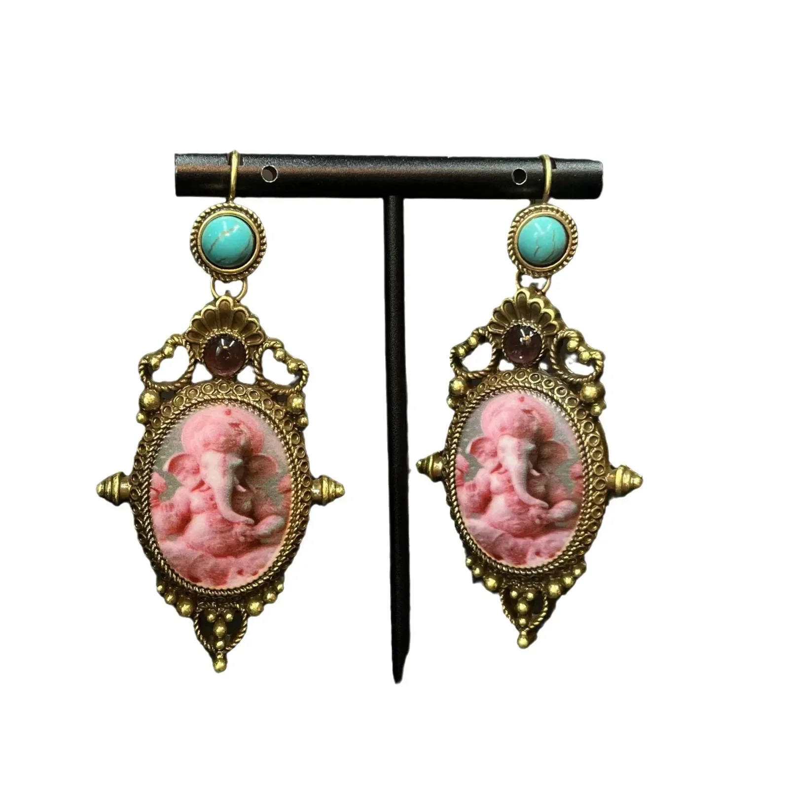 Retro Palace Style Heavy Pink Elephant Print Earrings High Quality Western Antique Earrings Vintage Earrings