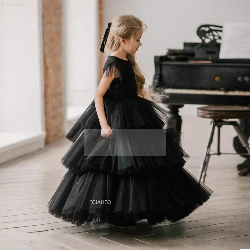 Kids Girls Black Cake Dres Dress Performance Host Evening Costumes Children's Host Piano Performance Clothes Model Princess