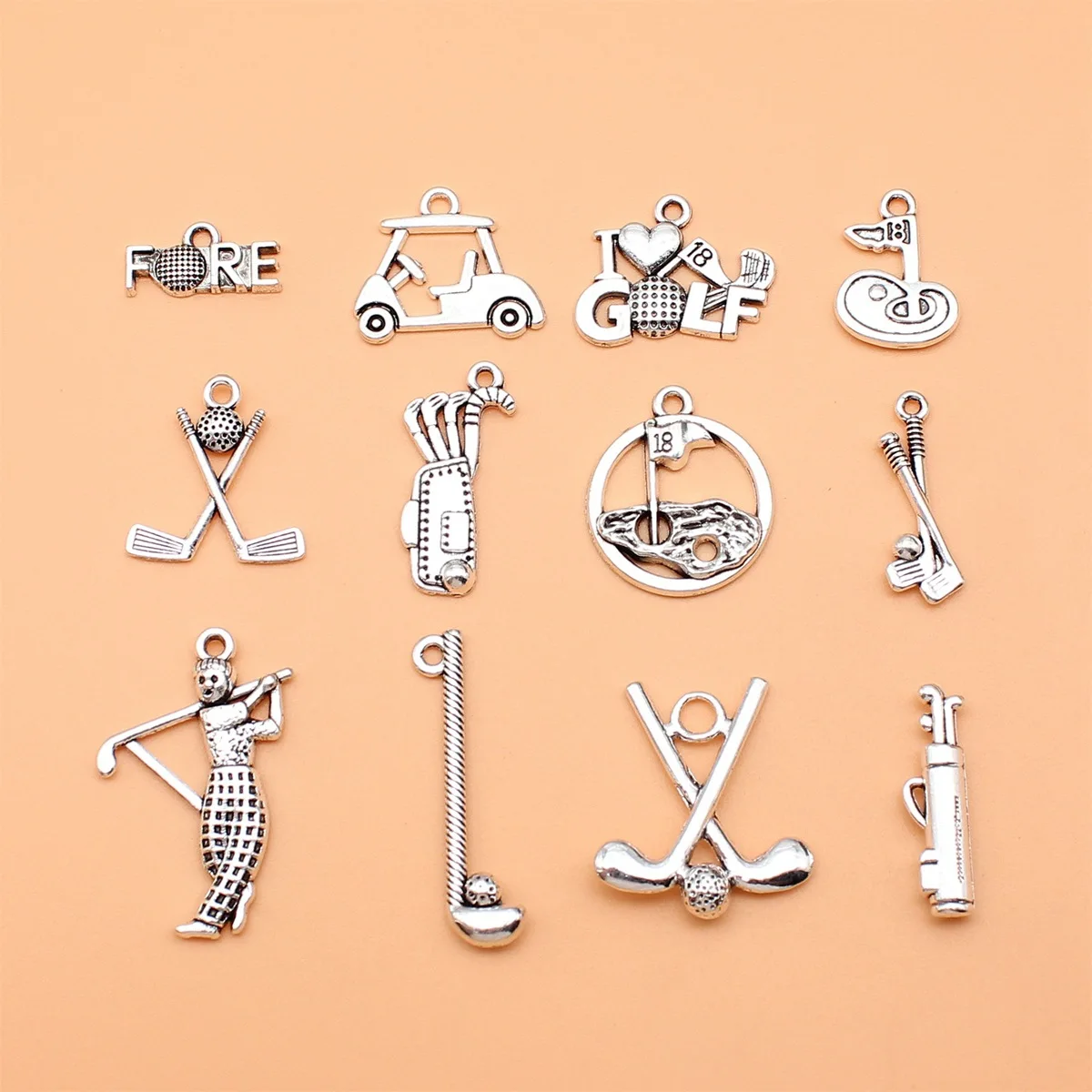 12pcs Antique Silver Color Golf Charms Collection For DIY Jewelry Making, 12 Styles, 1 of Each