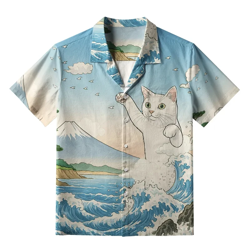 عادية قميص هاواي صيفي رجل ريترو اليابانية ثلاثية الأبعاد نمط الرجال قمصان مانغا الحيوان القط طباعة الرجال الملابس المتضخم قمصان تنفس