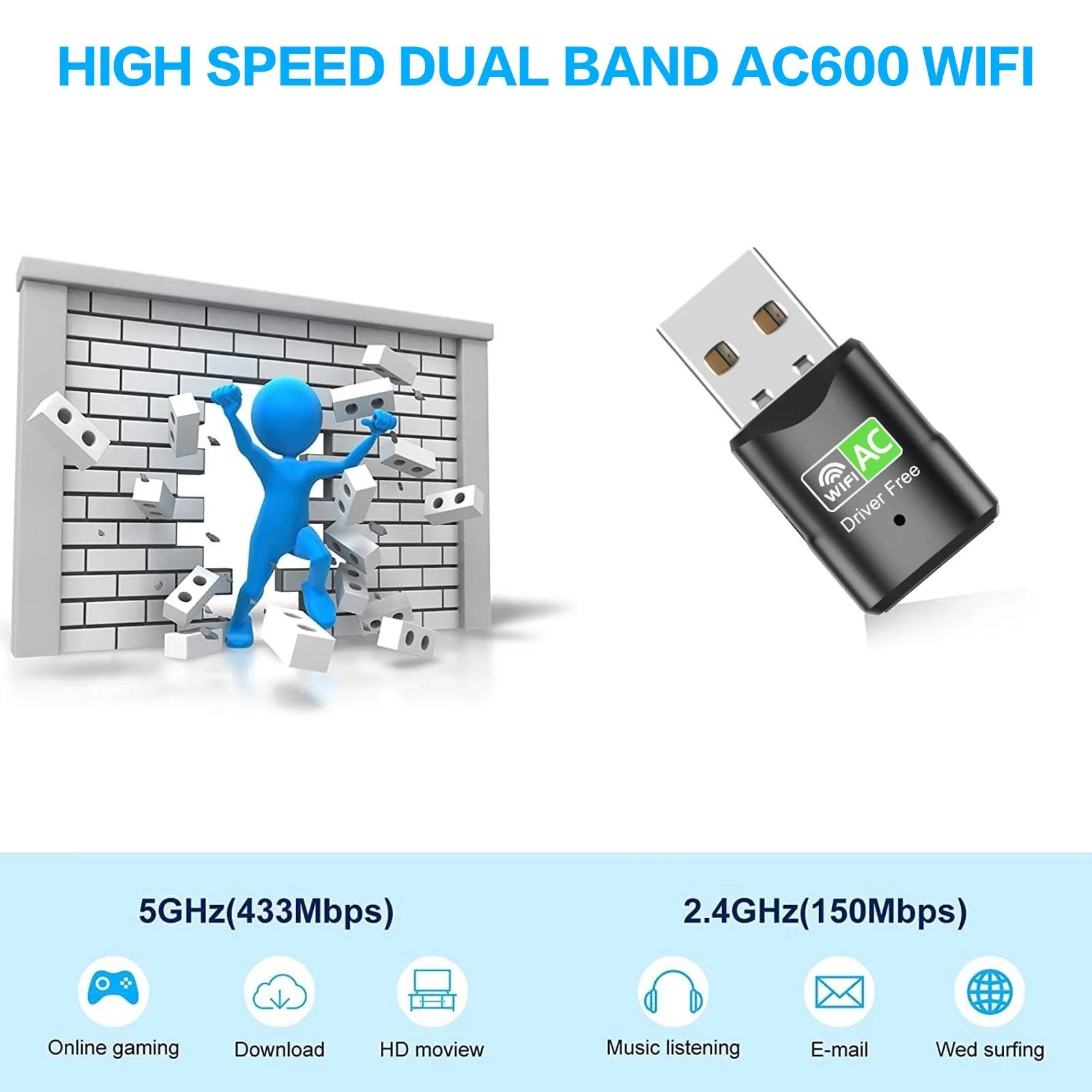 محول واي فاي USB AC600، ثنائي النطاق 2.4 جيجا/5 جيجا هرتز شبكة لاسلكية صغيرة دونجل للكمبيوتر المكتبي والكمبيوتر المحمول، يدعم نظام التشغيل Windows 11/10 #3