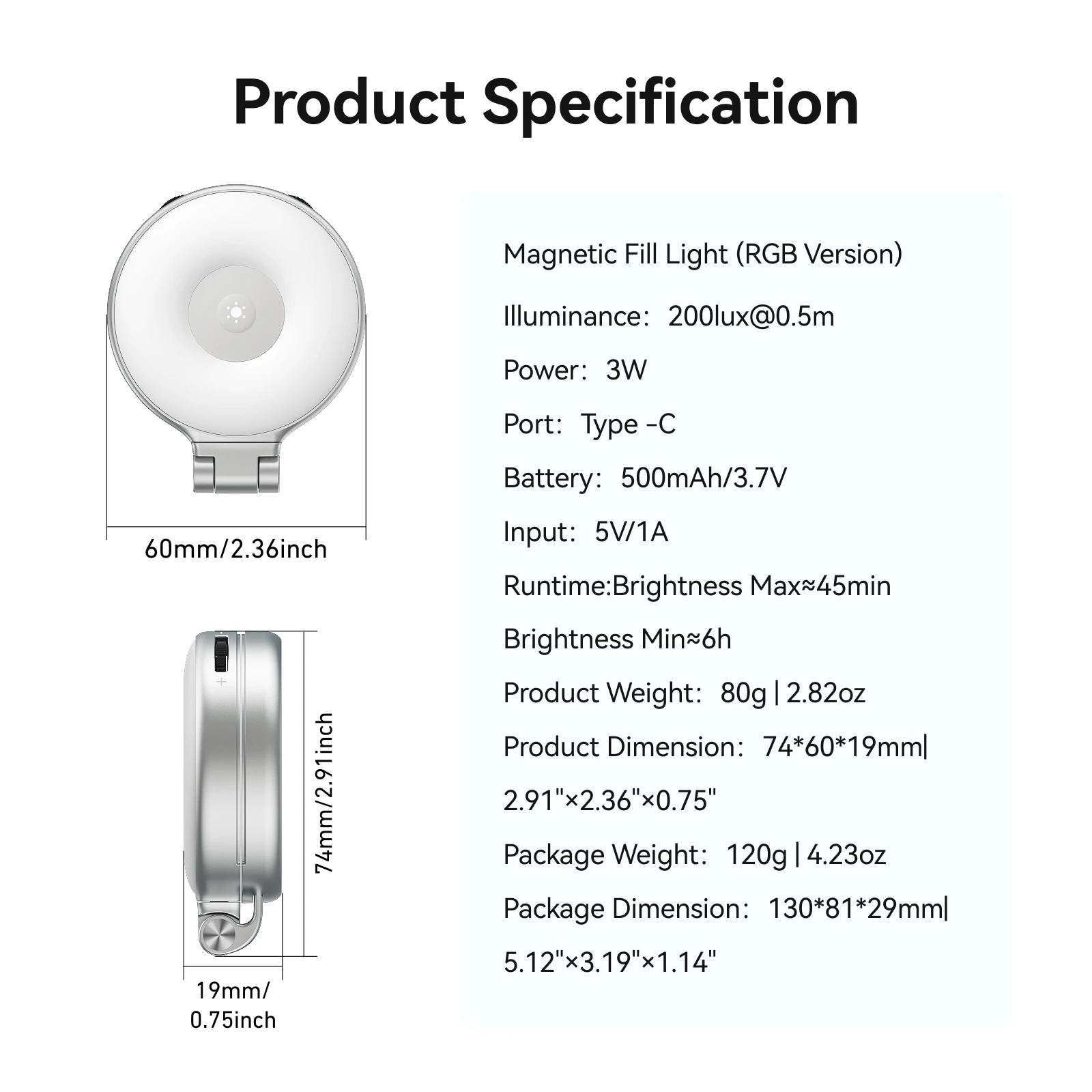 TELESIN Magnetyczny 360 °   Obrotowa mini lampa RGB do selfie z 3 trybami, regulacją kolorów i jasności, do smartfonów iPhone i Android. — zdjęcie produktu 6