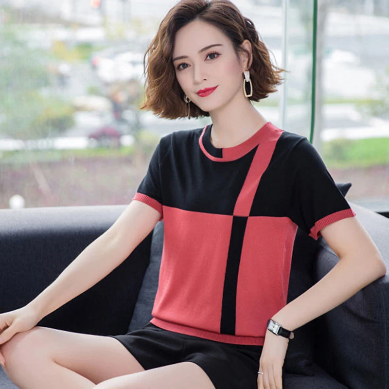 Contrasted Colors Summer Tshirts Women Patchwork Short Sleeve Thin Knitted Tops Elegant Oversized Loose Pullover O-neck Tee