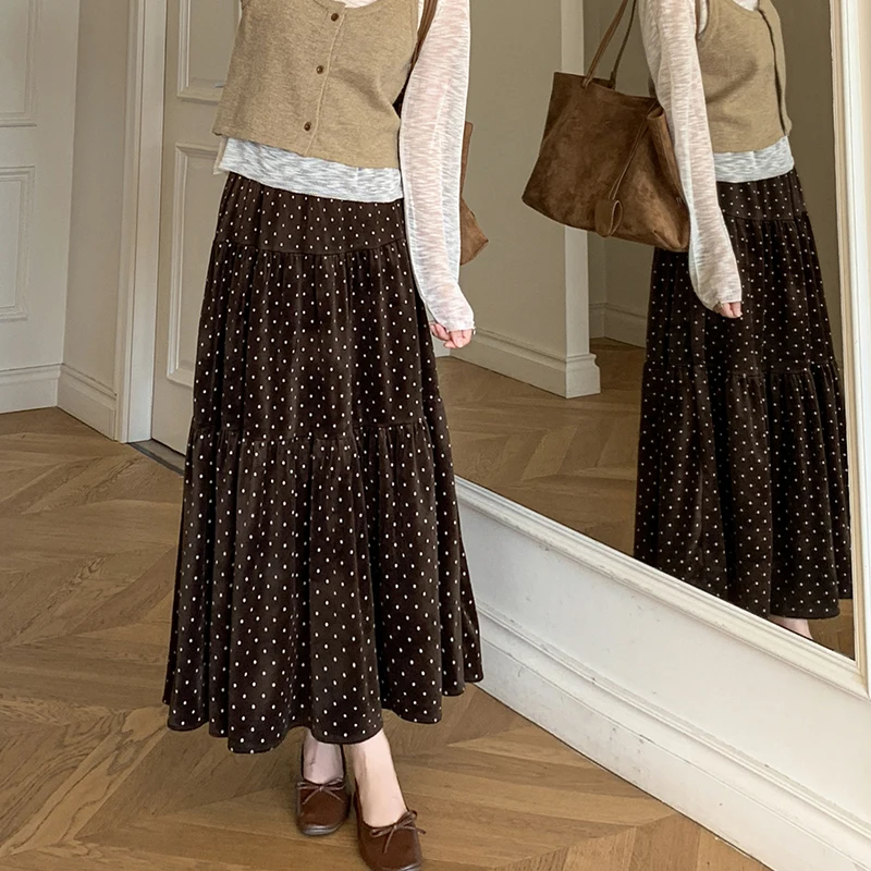 

French Suede Printed Polka Dot Skirt Women Vintage Elastic Waist A-line Skirts Female Fall Winter 2025 Streetwear Faldas New