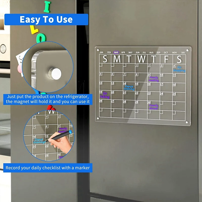1 Juego de tablero acrílico de borrado en seco para nevera, calendario de borrado en seco transparente de 16x12 pulgadas, incluye 6 marcadores