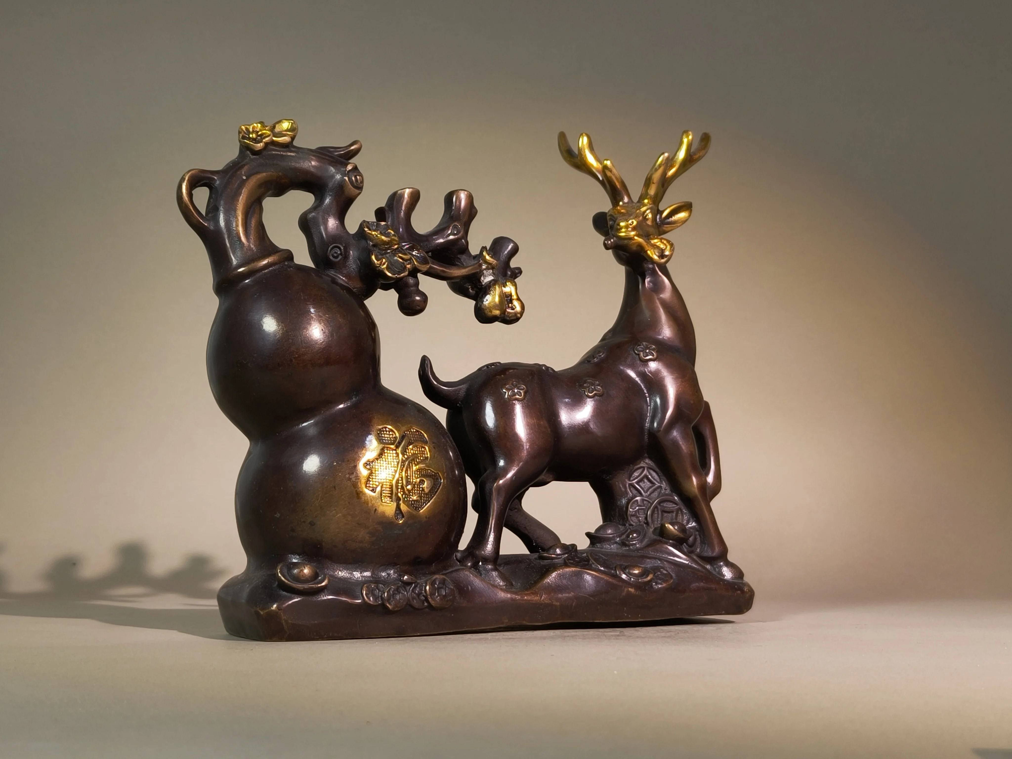 Vintage Solid Copper Ornament of Fu-Lu Gourd and Sika Deer, Home & Office Desk Decor, Collectible Antique Curio, Gift Option
