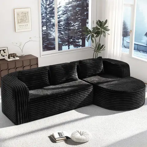 96" L Shaped Sectional Sofa Oversized Chaise Modular Living Room Apartment No Assembly Stripe Black Right Facing, Custom