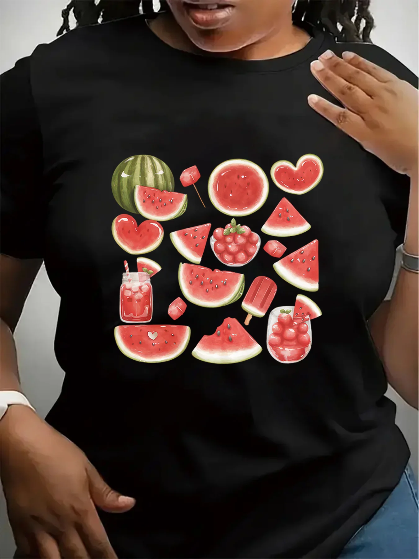 

Watermelon Heart Ice Print Women Short Sleeve Crew Neck Top for Comfortable Clothing Harajuku Short Sleeve Aesthetic Clothes