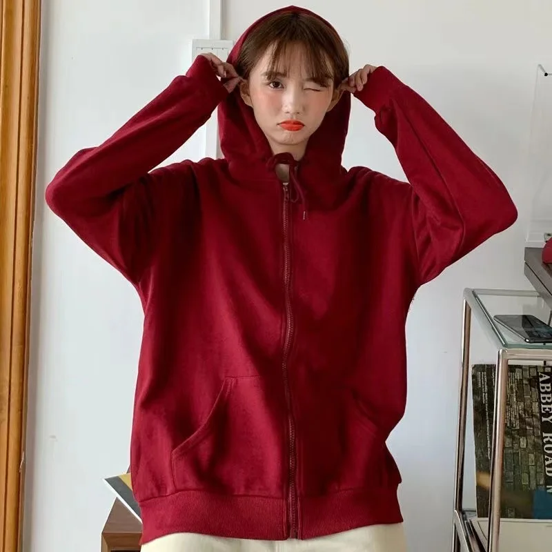 Sweat à capuche pour femmes, couleur unie, fermeture éclair, manches longues, veste ample, manteaux décontractés, sweat-shirt à capuche, mode Y2K, vêtements d'extérieur