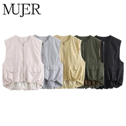 MUJER Ruched Cropped Vests for Women Oversized Sleeveless Vest Woman Zip Summer Women's Tailored Vest Streetwear Women's Jackets