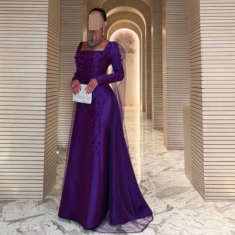 

Customized Yipeisha Elegant Pruple A-line Evening Dresses Square Collar Full Sleeves With Appliques Floor Length Formal Pageant