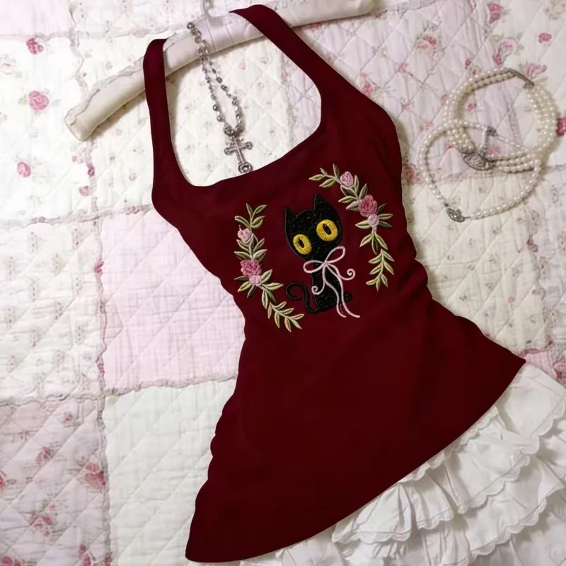 الأمريكية الرجعية هوتي بروتيل الأحمر غير النظامية سترة Kawaii القطط المطبوعة ضئيلة الدبابات المرأة الشارع موضة شيك القمم Ropa Mujer