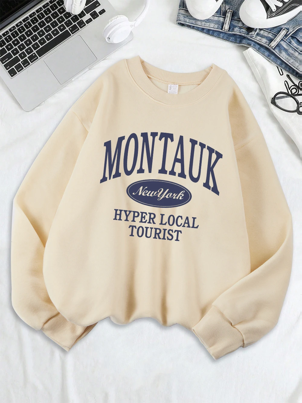 

Montauk New York Sport Wear Prints Sweatshirts Womens Fleece Warm Casual Hoodies Crewneck Loose Tops Winter Comfortable Clothes